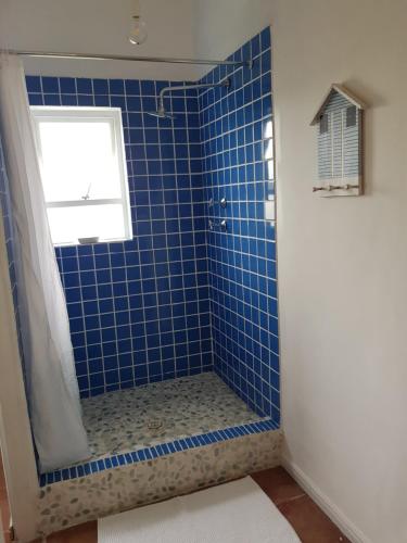a bathroom with a blue tiled shower with a window at Mosselbank Beach Retreat in Paternoster