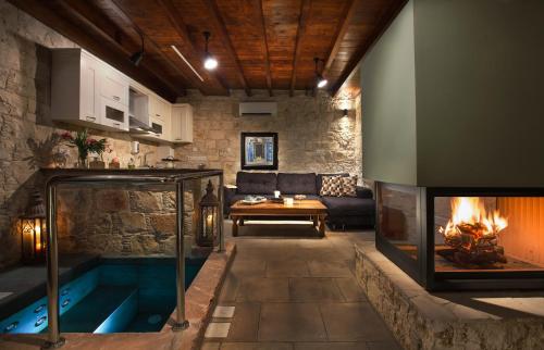 洛夫的住宿－歐奴薩傳統精品賓館，客厅设有游泳池和壁炉