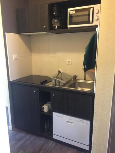 une petite cuisine avec un évier et un micro-ondes dans l'établissement Appartement village 7 en résidence de vacances en Camargue, à Arles