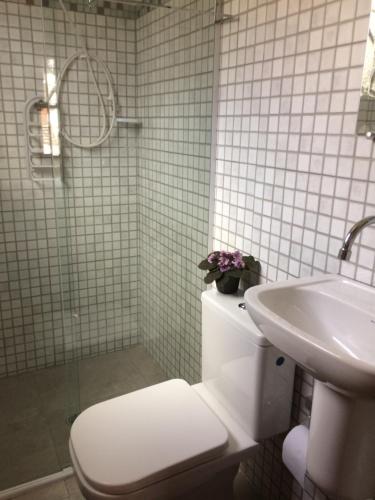 a white bathroom with a toilet and a sink at Apto Campos do Jordão Capivari in Campos do Jordão