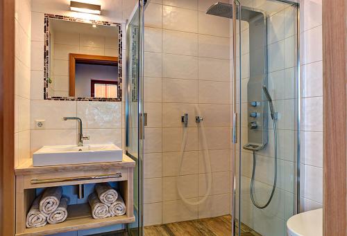 a bathroom with a sink and a glass shower at Chalet4You in Haus im Ennstal