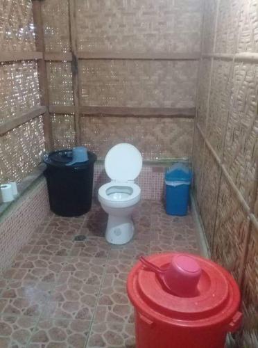a bathroom with a toilet and two trash cans at Junior & Nemesia's Cottages in Baclayon