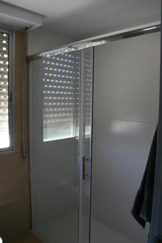 een douche met een glazen deur in de badkamer bij Apartamento Alberche in Sevilla
