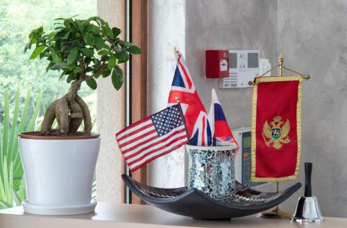 a table with a plant and flags on a window at Hotel Fobra in Podgorica