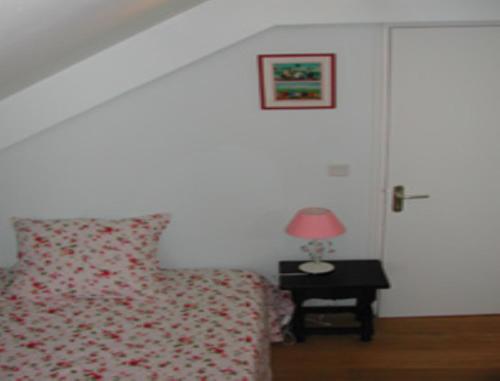 a bedroom with a bed and a table with a lamp at Gite Ker Maria Gite Ker Louis Piscine in Saint-Gravé