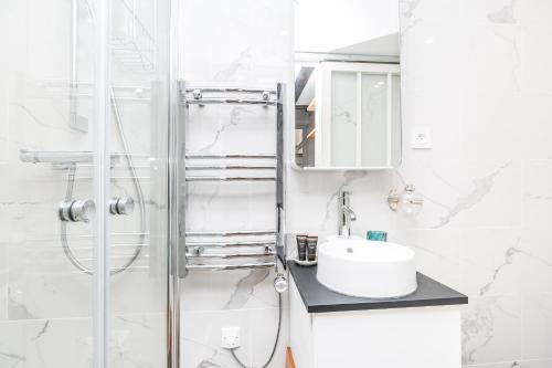 bagno bianco con lavandino e doccia di Le Loft du Marais a Parigi