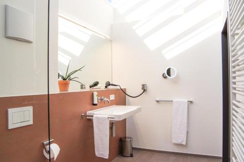 a bathroom with a sink and a mirror at SEEGER Living Premium Downtown in Karlsruhe