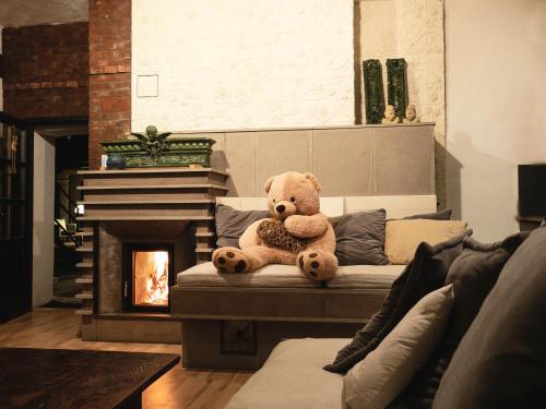a teddy bear sitting on a couch next to a fireplace at DVOR 13 Hokovce in Hokovce