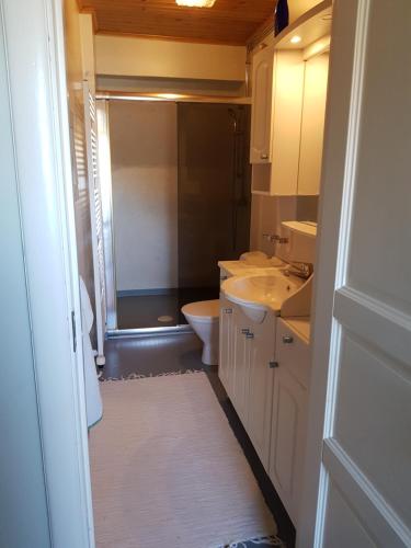 a bathroom with a sink and a toilet and a shower at Perenner på bakgården in Motala