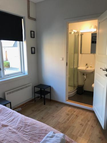 a bedroom with a bathroom with a shower and a sink at Guesthouse- Møllegata 39 in Stavanger