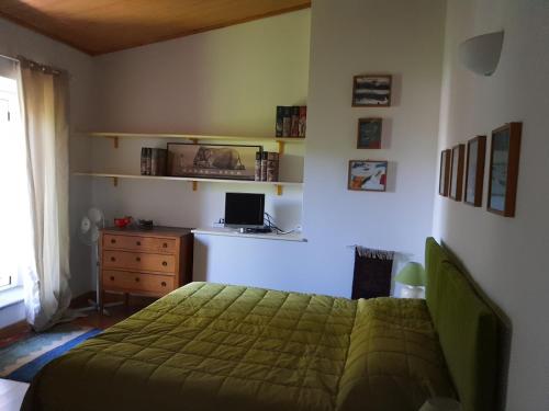 a bedroom with a green bed and a desk at B&B La Cascina Grossa in Alessandria