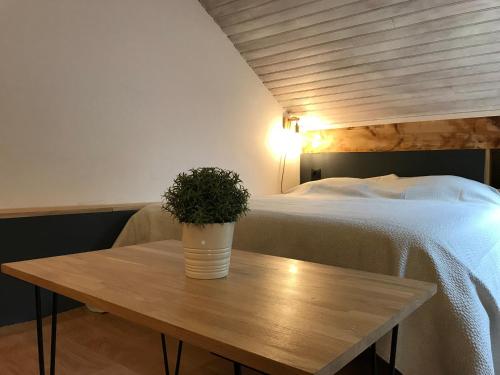 une plante en pot assise sur une table à côté d'un lit dans l'établissement Joli studio 4P entre télécabine et Commerces, à Cauterets