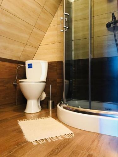 a bathroom with a toilet and a glass shower at U Szaflarskich in Bańska Niżna