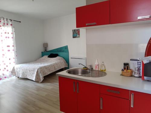- une cuisine avec évier et un lit dans une chambre dans l'établissement Studio au coeur de Viviers, à Viviers