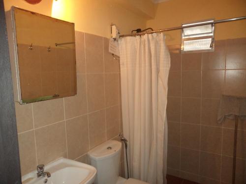 y baño con aseo, lavabo y ducha. en Apartamento Salto Uruguay, en Salto