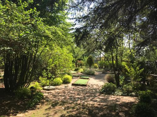 a garden with benches and trees in a park at SKRZAT in Tumlin
