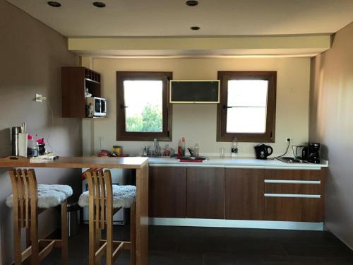 uma cozinha com um balcão e duas janelas em Departamento Cipres Villa Huapi Bariloche em San Carlos de Bariloche