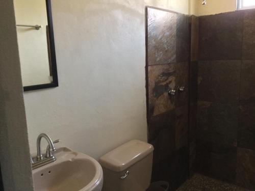 a bathroom with a toilet and a sink and a shower at Trotamundo Oaxaca Hostel in Oaxaca City