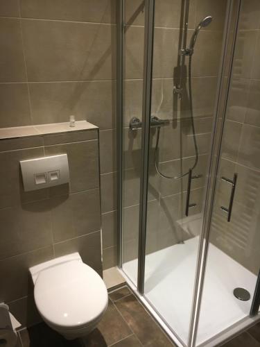 a bathroom with a shower and a toilet at Hotel Restaurant Am Kring in Vreden
