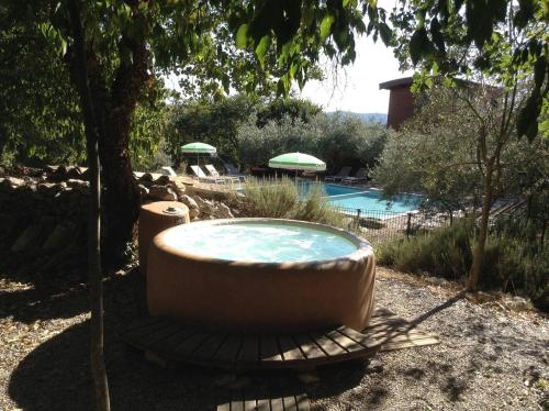 a large tub sitting next to a swimming pool at Suite Nid d'Amour et Spa privatif in Vogüé