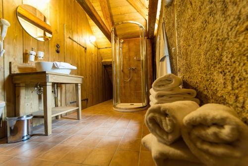 a bathroom with a shower and a pile of towels at Aparthotel & Wellness Knížecí cesta in Horní Planá