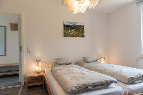 two beds in a white room with a chandelier at An der Günz in Waldstetten