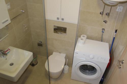 a bathroom with a toilet sink and a washing machine at Olimp Lux II in Budva