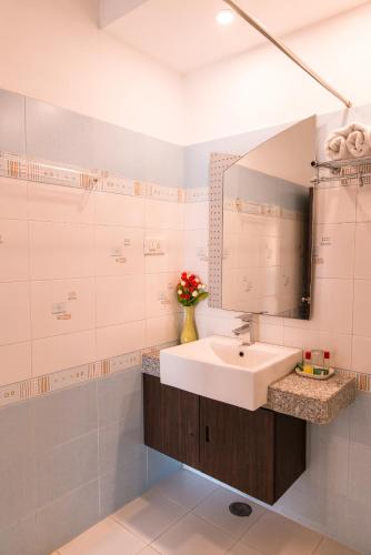 a bathroom with a sink and a mirror at Hotel Buddha Castle in Varanasi