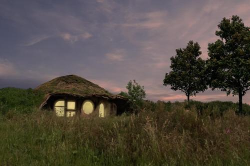 a house with a grass roof in a field at Petersholm in Odder
