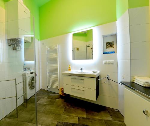 ein Bad mit einem Waschbecken und einem Spiegel in der Unterkunft Stylish, Cosy & Central "Self-Check-In" Apartment in Wien