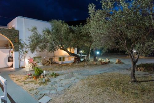 a backyard at night with a house and trees at Giannakas Studios in Platis Yialos Sifnos