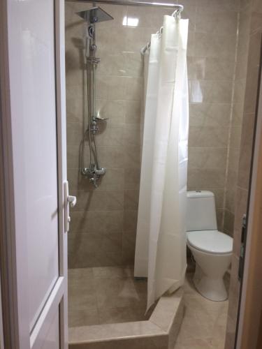 a bathroom with a toilet and a shower with a shower curtain at Tamari in Ureki