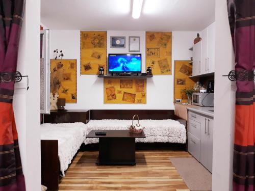a living room with a couch and a tv on the wall at Apartment Shesti Uchastak in Gabrovo