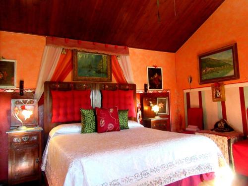 a bedroom with a large bed with red pillows at Art B&B La Casa del Pittore in Revine Lago