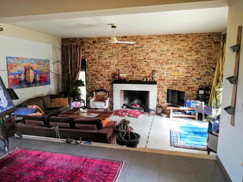 a living room with a brick wall at Villa Gaia Trikala in Lygariá