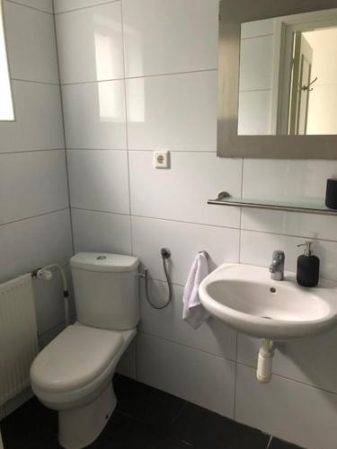 een witte badkamer met een toilet en een wastafel bij Appartement BBwB in Breda
