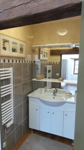 une salle de bain avec un lavabo et un miroir dans l'établissement LA PETITE NOUE, à Vignoux-sous-les-Aix