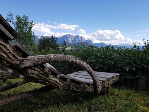 a wooden bench sitting in the grass with mountains in the background at Schweiggerhof -Agriturismo- Farm Holidays in Villandro