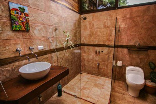 a bathroom with a sink and a toilet at Casa Higueron in Monteverde Costa Rica