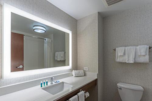 uma casa de banho com um lavatório, um espelho e um WC. em Holiday Inn Express - Indianapolis - Southeast, an IHG Hotel em Indianápolis