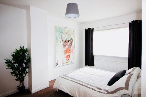 1 dormitorio con cama y ventana en Carwood House, en Newtownabbey