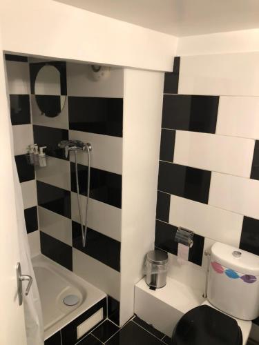 a black and white bathroom with a toilet and a shower at Sleep in Paris - Chessy in Chessy