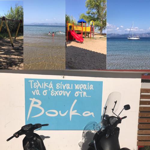 a collage of photos of a scooter on the beach at Modern flat with beautiful views in south of Corfu in Lefkímmi