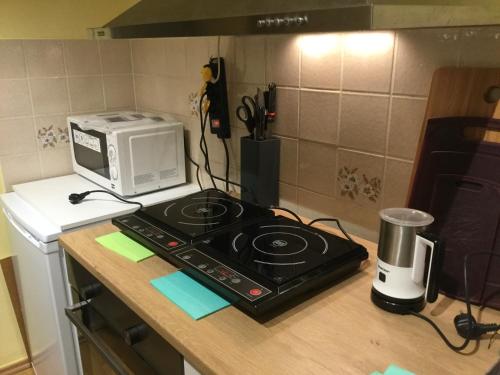 a microwave sitting on top of a stove in a kitchen at Am-Berg Ferienwohnung in Bad kohlgrub in Bad Kohlgrub