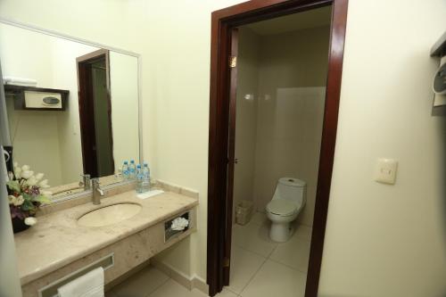 een badkamer met een wastafel, een toilet en een spiegel bij Hotel Marel in Poza Rica de Hidalgo