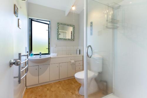 a bathroom with a toilet and a sink and a shower at Beachfront Enclosure Bay - Waiheke Unlimited in Oneroa