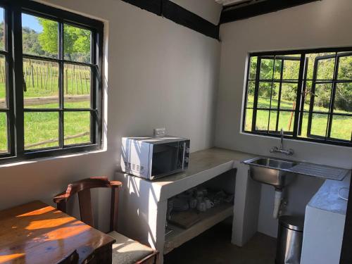 a kitchen with a microwave and a sink and windows at Newstead Farm - Country Cottages in Curryʼs Post