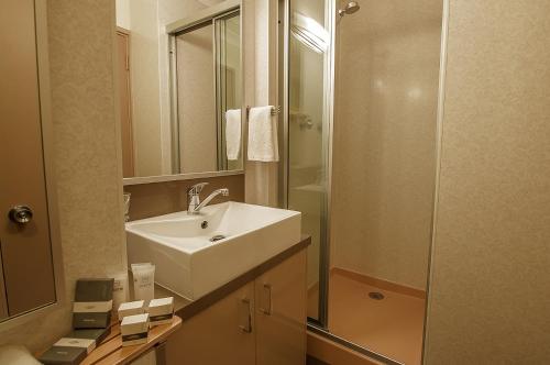 a bathroom with a sink and a shower at Smiggins Hotel & Chalet Apartments in Perisher Valley