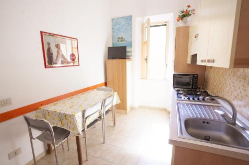 a small kitchen with a table and a sink at Appartamenti Sole e Luna in Rio Marina