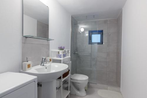 a bathroom with a sink and a toilet and a shower at INFINITY APARTMENT in Leonidio